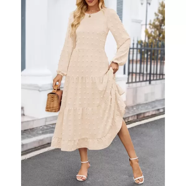 imageZESICA Womens Fall Long Sleeve Maxi Dresses 2024 Casual Crew Neck Swiss Dot Tiered Flowy A Line Wedding Guest DressBeige