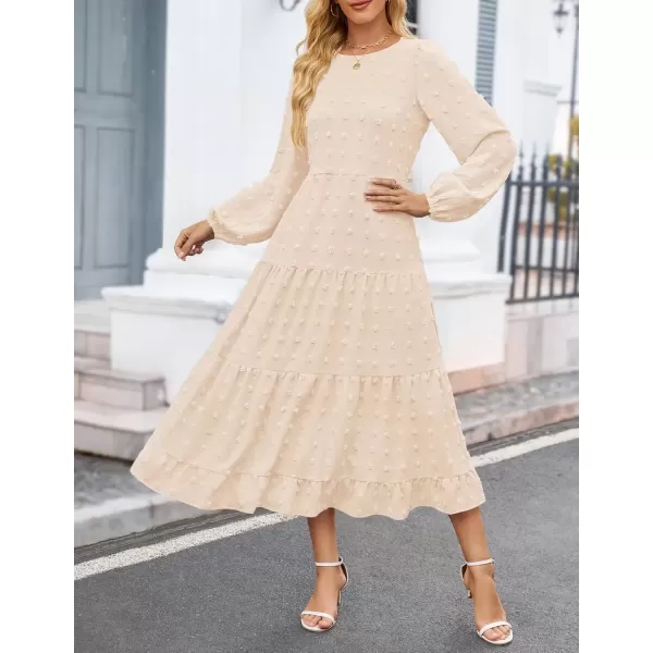 imageZESICA Womens Fall Long Sleeve Maxi Dresses 2024 Casual Crew Neck Swiss Dot Tiered Flowy A Line Wedding Guest DressBeige