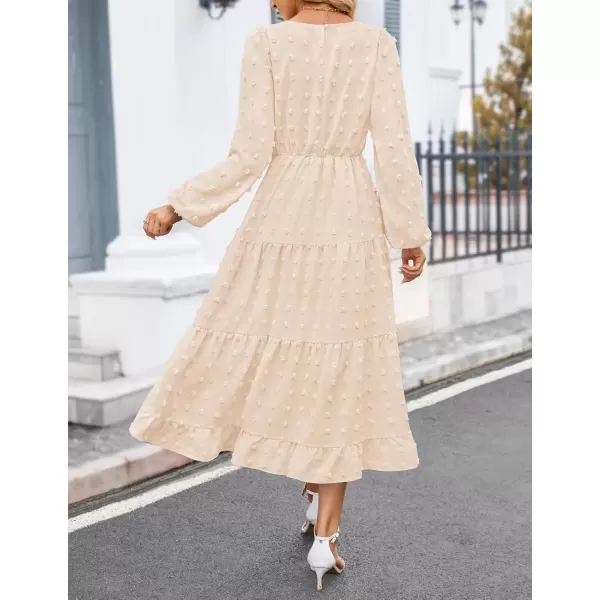 imageZESICA Womens Fall Long Sleeve Maxi Dresses 2024 Casual Crew Neck Swiss Dot Tiered Flowy A Line Wedding Guest DressBeige