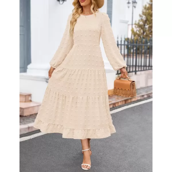 imageZESICA Womens Fall Long Sleeve Maxi Dresses 2024 Casual Crew Neck Swiss Dot Tiered Flowy A Line Wedding Guest DressBeige