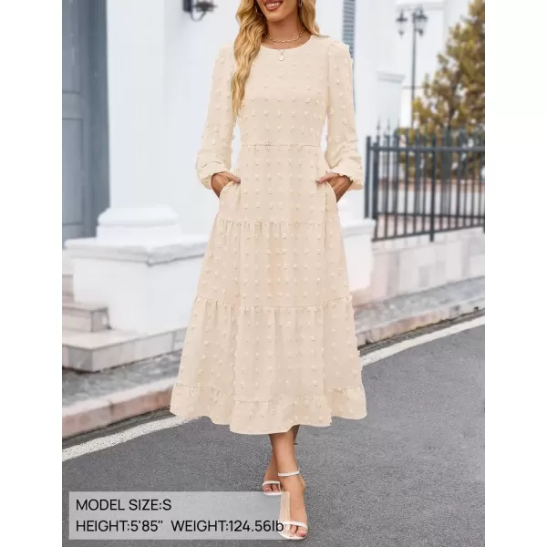 imageZESICA Womens Fall Long Sleeve Maxi Dresses 2024 Casual Crew Neck Swiss Dot Tiered Flowy A Line Wedding Guest DressBeige