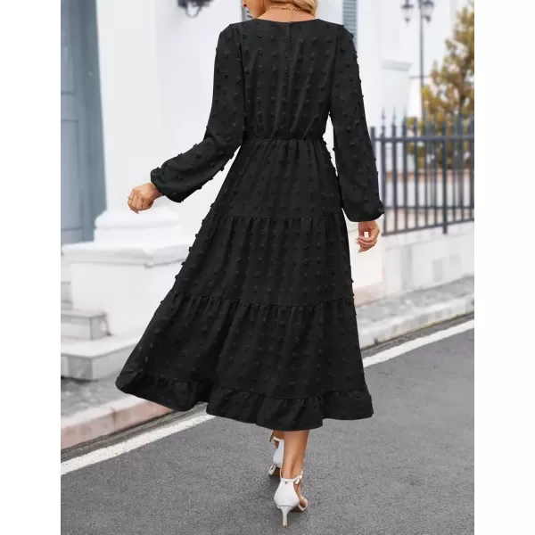 imageZESICA Womens Fall Long Sleeve Maxi Dresses 2024 Casual Crew Neck Swiss Dot Tiered Flowy A Line Wedding Guest DressBlack