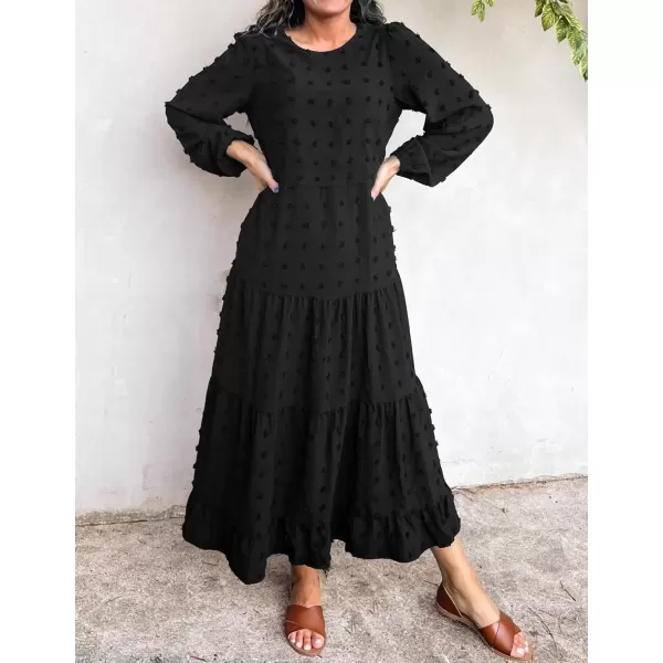 imageZESICA Womens Fall Long Sleeve Maxi Dresses 2024 Casual Crew Neck Swiss Dot Tiered Flowy A Line Wedding Guest DressBlack