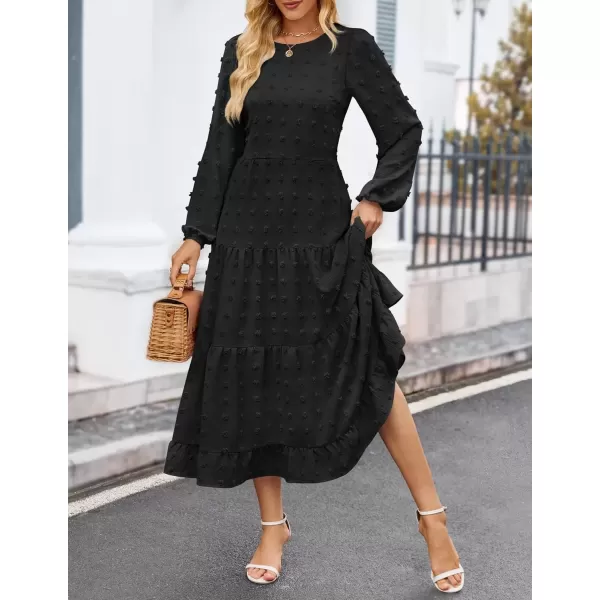imageZESICA Womens Fall Long Sleeve Maxi Dresses 2024 Casual Crew Neck Swiss Dot Tiered Flowy A Line Wedding Guest DressBlack