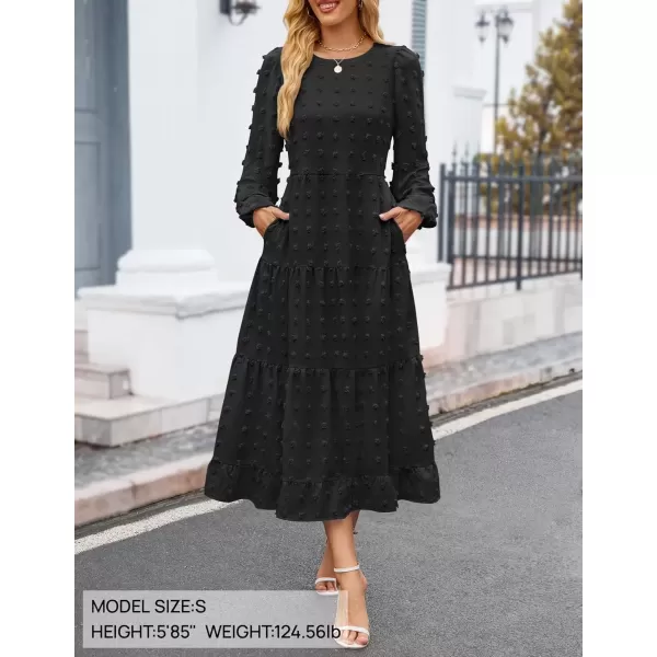 imageZESICA Womens Fall Long Sleeve Maxi Dresses 2024 Casual Crew Neck Swiss Dot Tiered Flowy A Line Wedding Guest DressBlack