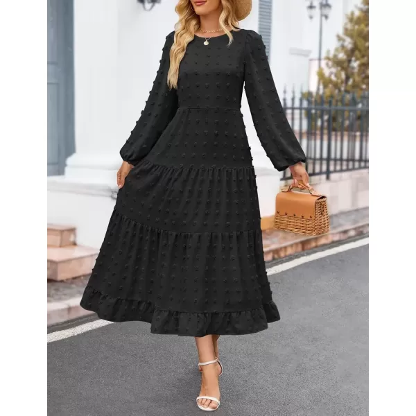 imageZESICA Womens Fall Long Sleeve Maxi Dresses 2024 Casual Crew Neck Swiss Dot Tiered Flowy A Line Wedding Guest DressBlack