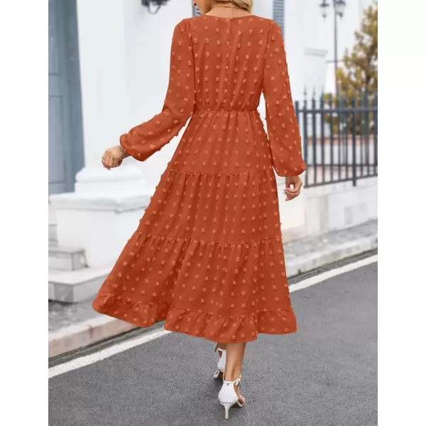 imageZESICA Womens Fall Long Sleeve Maxi Dresses 2024 Casual Crew Neck Swiss Dot Tiered Flowy A Line Wedding Guest DressBrick Red