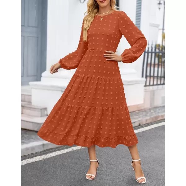 imageZESICA Womens Fall Long Sleeve Maxi Dresses 2024 Casual Crew Neck Swiss Dot Tiered Flowy A Line Wedding Guest DressBrick Red