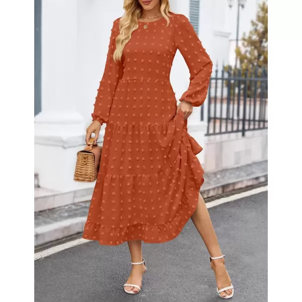 imageZESICA Womens Fall Long Sleeve Maxi Dresses 2024 Casual Crew Neck Swiss Dot Tiered Flowy A Line Wedding Guest DressBrick Red