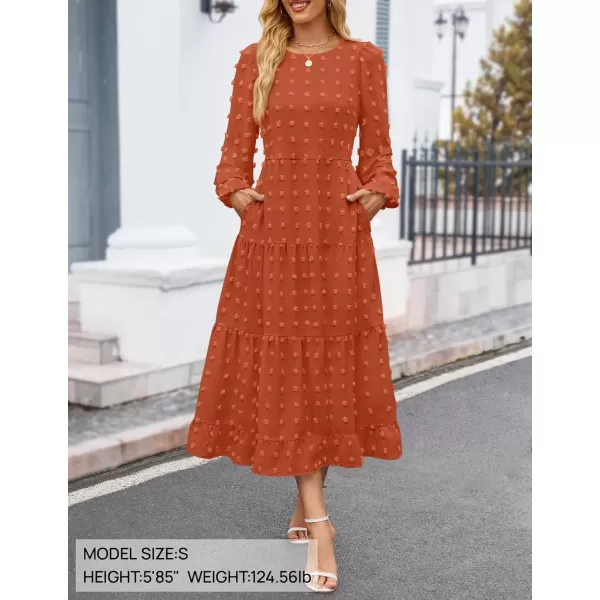 imageZESICA Womens Fall Long Sleeve Maxi Dresses 2024 Casual Crew Neck Swiss Dot Tiered Flowy A Line Wedding Guest DressBrick Red