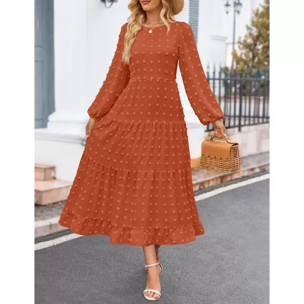imageZESICA Womens Fall Long Sleeve Maxi Dresses 2024 Casual Crew Neck Swiss Dot Tiered Flowy A Line Wedding Guest DressBrick Red