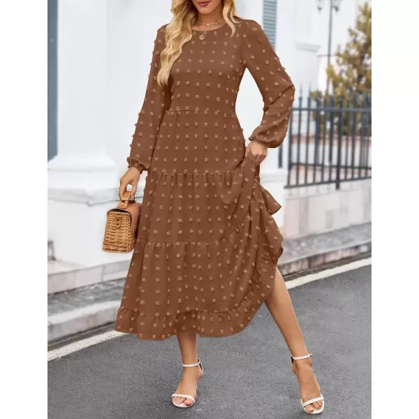 imageZESICA Womens Fall Long Sleeve Maxi Dresses 2024 Casual Crew Neck Swiss Dot Tiered Flowy A Line Wedding Guest DressBrown