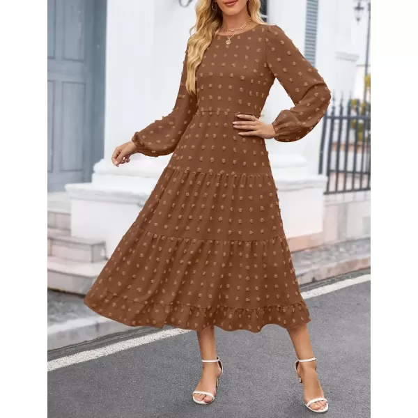 imageZESICA Womens Fall Long Sleeve Maxi Dresses 2024 Casual Crew Neck Swiss Dot Tiered Flowy A Line Wedding Guest DressBrown