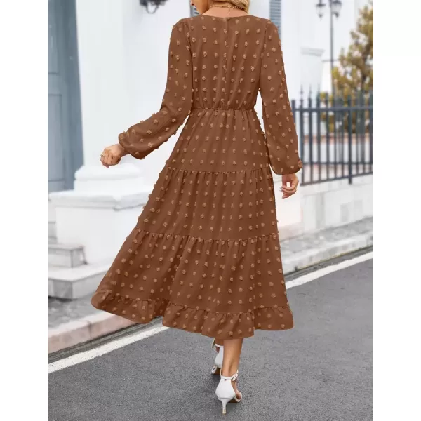 imageZESICA Womens Fall Long Sleeve Maxi Dresses 2024 Casual Crew Neck Swiss Dot Tiered Flowy A Line Wedding Guest DressBrown