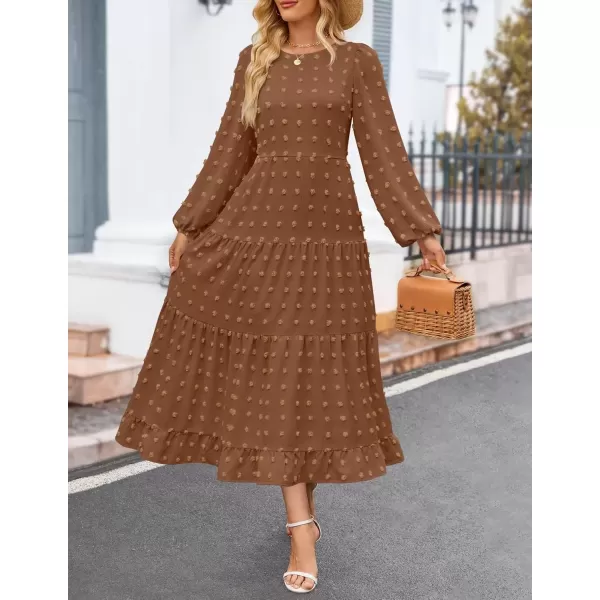 imageZESICA Womens Fall Long Sleeve Maxi Dresses 2024 Casual Crew Neck Swiss Dot Tiered Flowy A Line Wedding Guest DressBrown