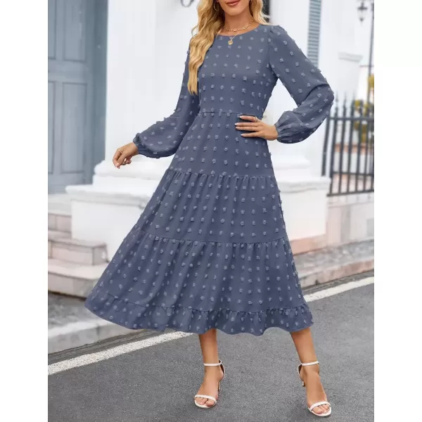 imageZESICA Womens Fall Long Sleeve Maxi Dresses 2024 Casual Crew Neck Swiss Dot Tiered Flowy A Line Wedding Guest DressDusty Blue