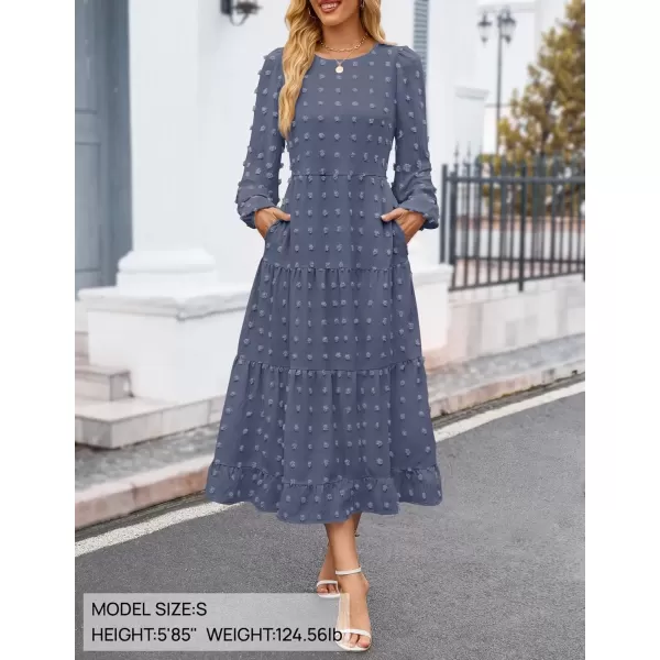 imageZESICA Womens Fall Long Sleeve Maxi Dresses 2024 Casual Crew Neck Swiss Dot Tiered Flowy A Line Wedding Guest DressDusty Blue