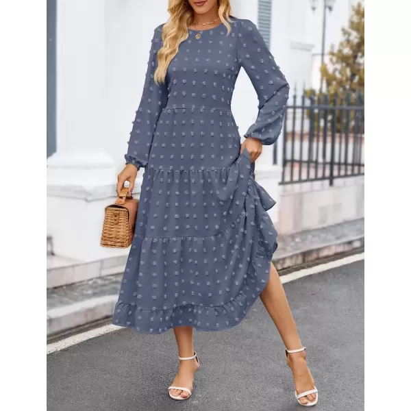 imageZESICA Womens Fall Long Sleeve Maxi Dresses 2024 Casual Crew Neck Swiss Dot Tiered Flowy A Line Wedding Guest DressDusty Blue