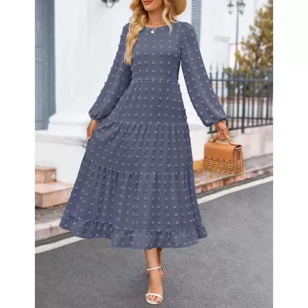 imageZESICA Womens Fall Long Sleeve Maxi Dresses 2024 Casual Crew Neck Swiss Dot Tiered Flowy A Line Wedding Guest DressDusty Blue