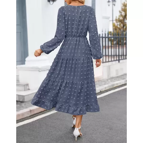 imageZESICA Womens Fall Long Sleeve Maxi Dresses 2024 Casual Crew Neck Swiss Dot Tiered Flowy A Line Wedding Guest DressDusty Blue