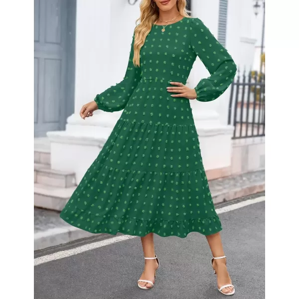 imageZESICA Womens Fall Long Sleeve Maxi Dresses 2024 Casual Crew Neck Swiss Dot Tiered Flowy A Line Wedding Guest DressGreen
