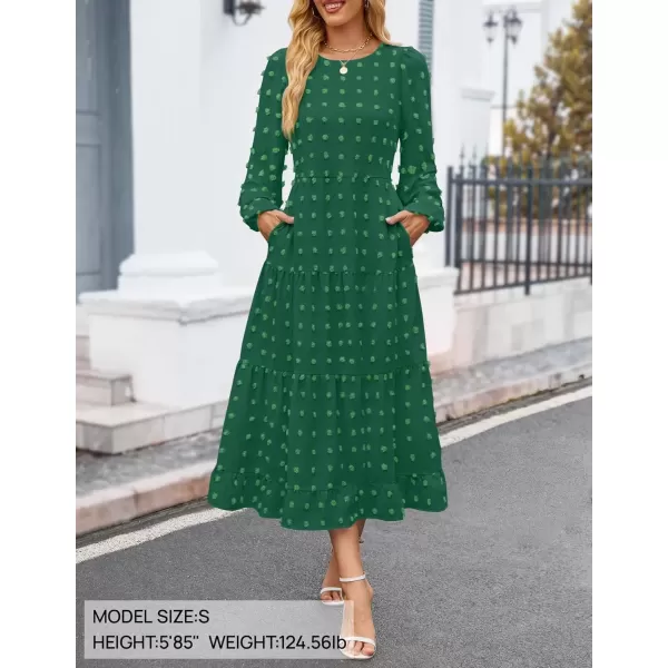 imageZESICA Womens Fall Long Sleeve Maxi Dresses 2024 Casual Crew Neck Swiss Dot Tiered Flowy A Line Wedding Guest DressGreen