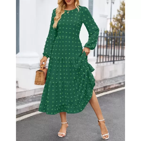 imageZESICA Womens Fall Long Sleeve Maxi Dresses 2024 Casual Crew Neck Swiss Dot Tiered Flowy A Line Wedding Guest DressGreen