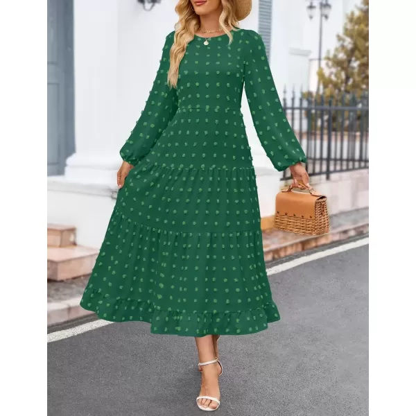 imageZESICA Womens Fall Long Sleeve Maxi Dresses 2024 Casual Crew Neck Swiss Dot Tiered Flowy A Line Wedding Guest DressGreen