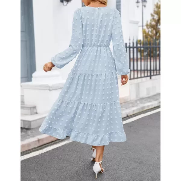 imageZESICA Womens Fall Long Sleeve Maxi Dresses 2024 Casual Crew Neck Swiss Dot Tiered Flowy A Line Wedding Guest DressLight Blue