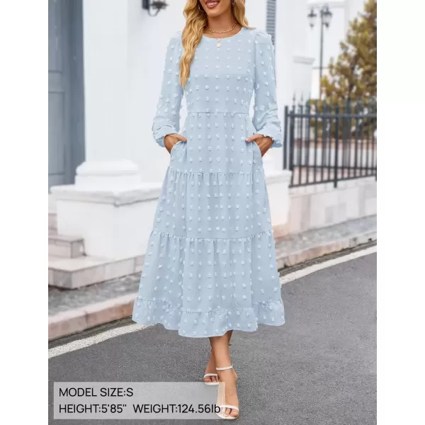 imageZESICA Womens Fall Long Sleeve Maxi Dresses 2024 Casual Crew Neck Swiss Dot Tiered Flowy A Line Wedding Guest DressLight Blue