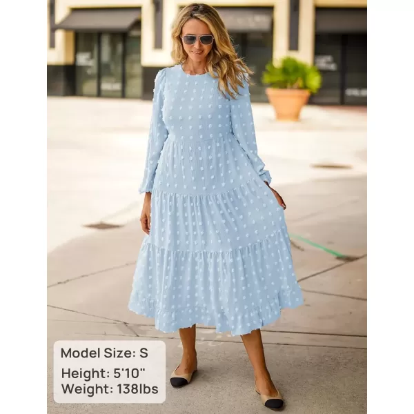imageZESICA Womens Fall Long Sleeve Maxi Dresses 2024 Casual Crew Neck Swiss Dot Tiered Flowy A Line Wedding Guest DressLight Blue
