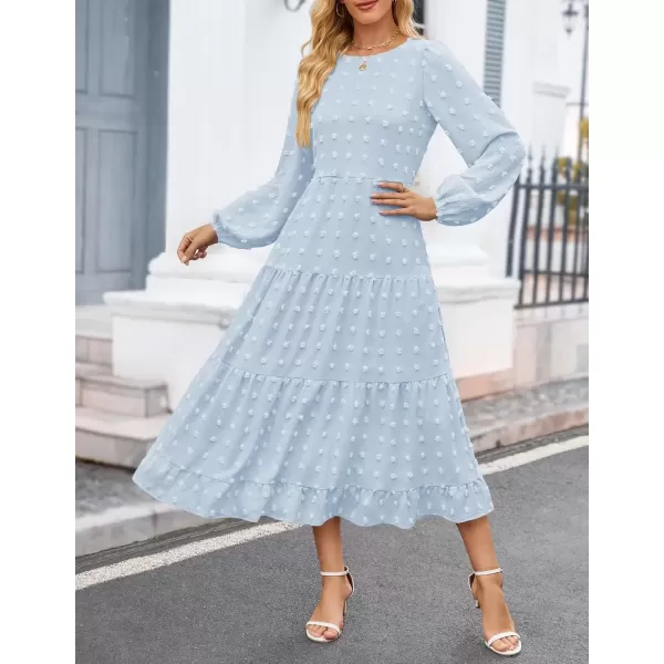imageZESICA Womens Fall Long Sleeve Maxi Dresses 2024 Casual Crew Neck Swiss Dot Tiered Flowy A Line Wedding Guest DressLight Blue