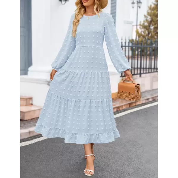 imageZESICA Womens Fall Long Sleeve Maxi Dresses 2024 Casual Crew Neck Swiss Dot Tiered Flowy A Line Wedding Guest DressLight Blue