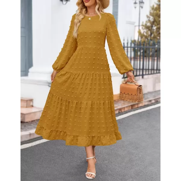 imageZESICA Womens Fall Long Sleeve Maxi Dresses 2024 Casual Crew Neck Swiss Dot Tiered Flowy A Line Wedding Guest DressMustard