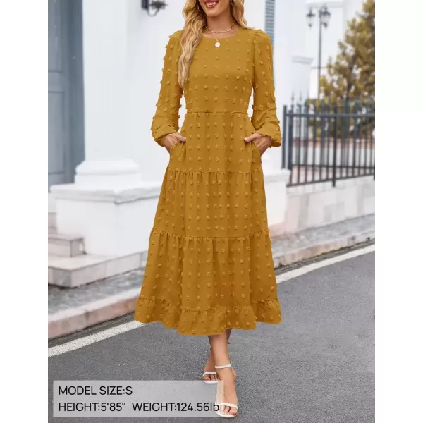 imageZESICA Womens Fall Long Sleeve Maxi Dresses 2024 Casual Crew Neck Swiss Dot Tiered Flowy A Line Wedding Guest DressMustard