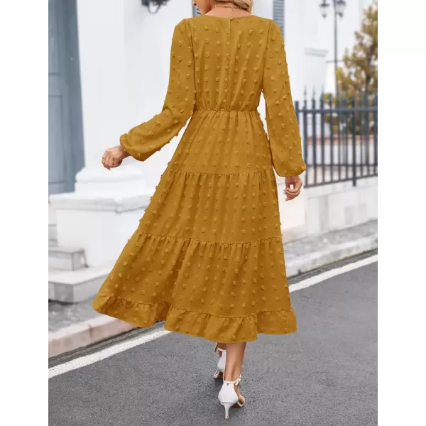imageZESICA Womens Fall Long Sleeve Maxi Dresses 2024 Casual Crew Neck Swiss Dot Tiered Flowy A Line Wedding Guest DressMustard