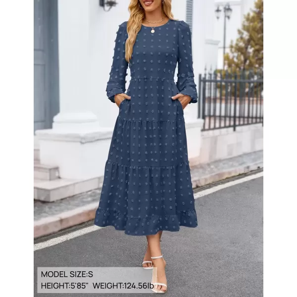imageZESICA Womens Fall Long Sleeve Maxi Dresses 2024 Casual Crew Neck Swiss Dot Tiered Flowy A Line Wedding Guest DressNavy