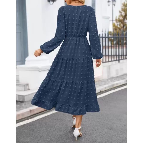 imageZESICA Womens Fall Long Sleeve Maxi Dresses 2024 Casual Crew Neck Swiss Dot Tiered Flowy A Line Wedding Guest DressNavy
