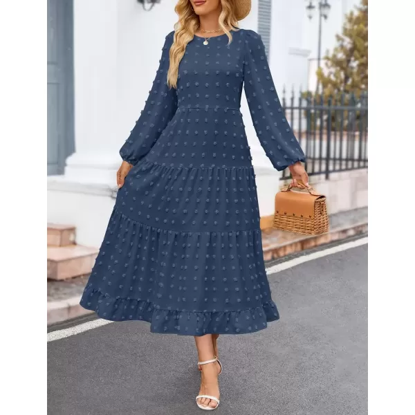 imageZESICA Womens Fall Long Sleeve Maxi Dresses 2024 Casual Crew Neck Swiss Dot Tiered Flowy A Line Wedding Guest DressNavy
