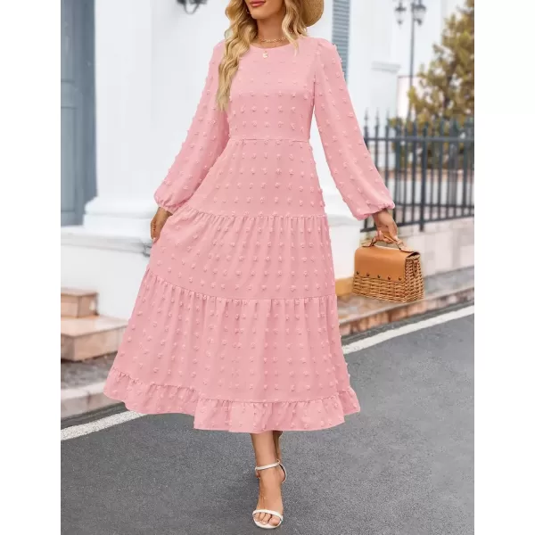 imageZESICA Womens Fall Long Sleeve Maxi Dresses 2024 Casual Crew Neck Swiss Dot Tiered Flowy A Line Wedding Guest DressPink