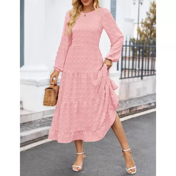 imageZESICA Womens Fall Long Sleeve Maxi Dresses 2024 Casual Crew Neck Swiss Dot Tiered Flowy A Line Wedding Guest DressPink
