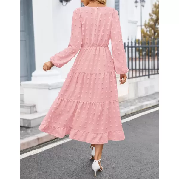 imageZESICA Womens Fall Long Sleeve Maxi Dresses 2024 Casual Crew Neck Swiss Dot Tiered Flowy A Line Wedding Guest DressPink