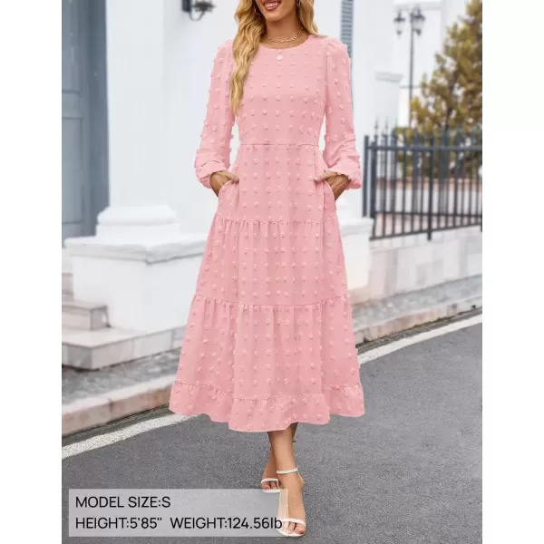 imageZESICA Womens Fall Long Sleeve Maxi Dresses 2024 Casual Crew Neck Swiss Dot Tiered Flowy A Line Wedding Guest DressPink