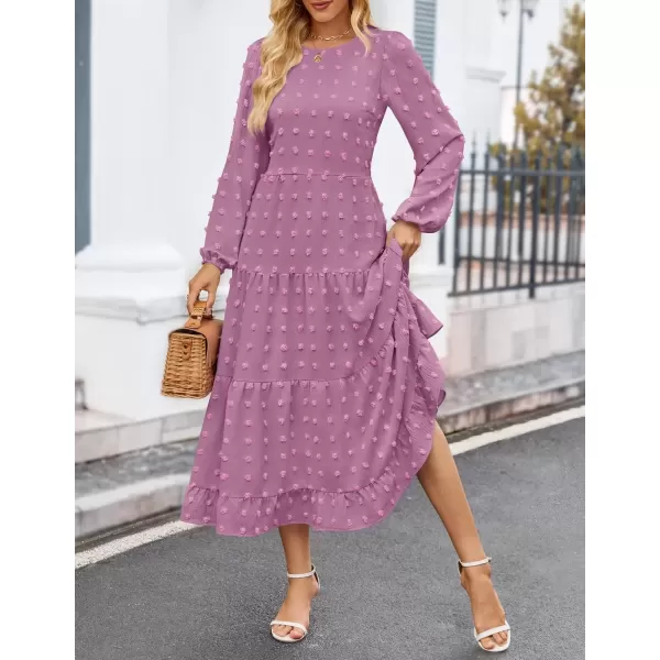 imageZESICA Womens Fall Long Sleeve Maxi Dresses 2024 Casual Crew Neck Swiss Dot Tiered Flowy A Line Wedding Guest DressPurple