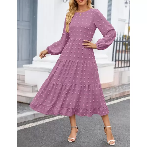 imageZESICA Womens Fall Long Sleeve Maxi Dresses 2024 Casual Crew Neck Swiss Dot Tiered Flowy A Line Wedding Guest DressPurple