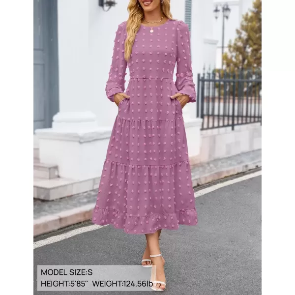 imageZESICA Womens Fall Long Sleeve Maxi Dresses 2024 Casual Crew Neck Swiss Dot Tiered Flowy A Line Wedding Guest DressPurple