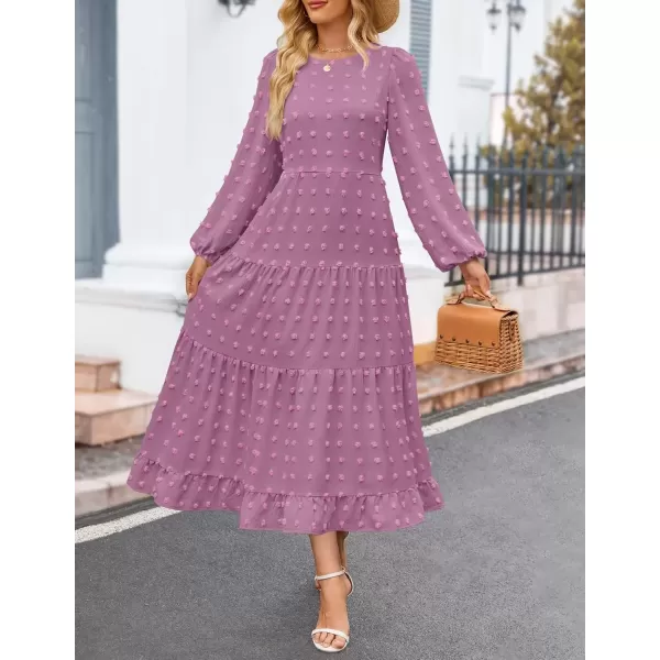 imageZESICA Womens Fall Long Sleeve Maxi Dresses 2024 Casual Crew Neck Swiss Dot Tiered Flowy A Line Wedding Guest DressPurple
