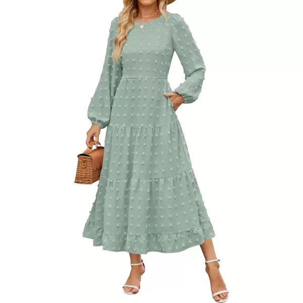 imageZESICA Womens Fall Long Sleeve Maxi Dresses 2024 Casual Crew Neck Swiss Dot Tiered Flowy A Line Wedding Guest DressSage