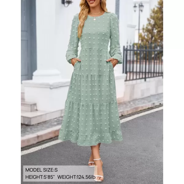 imageZESICA Womens Fall Long Sleeve Maxi Dresses 2024 Casual Crew Neck Swiss Dot Tiered Flowy A Line Wedding Guest DressSage