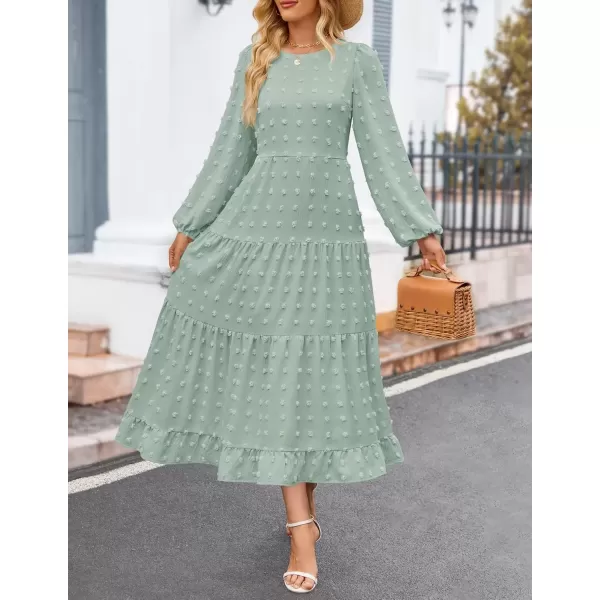 imageZESICA Womens Fall Long Sleeve Maxi Dresses 2024 Casual Crew Neck Swiss Dot Tiered Flowy A Line Wedding Guest DressSage